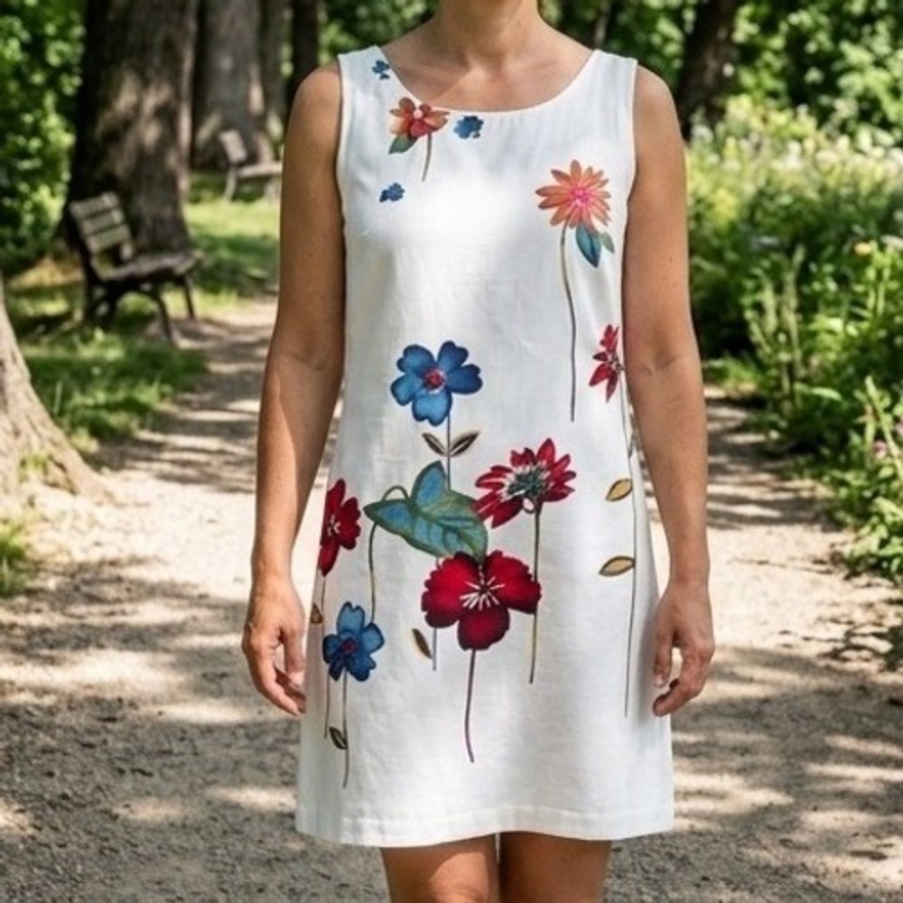 Hennes Collection White Floral Sleeveless Shift Dress Red Blue Flowers Size 38